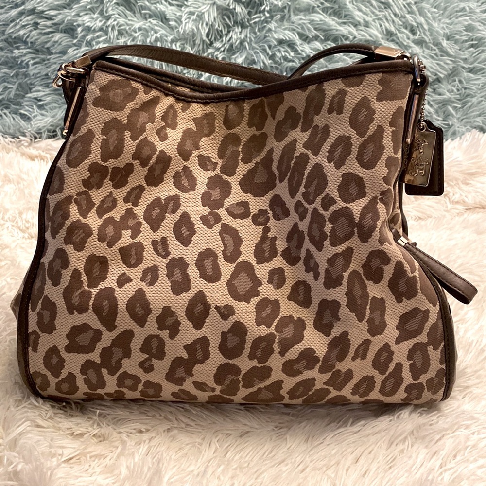 Coach leopard print handbag. 12.5inW/11inH.